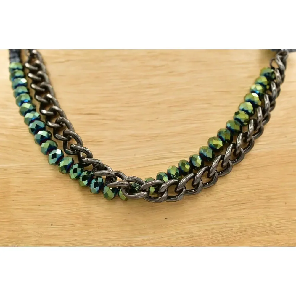 Kenneth Cole Crystal Beaded Necklace Multi-Layered Gunmetal Blue Green BinBD